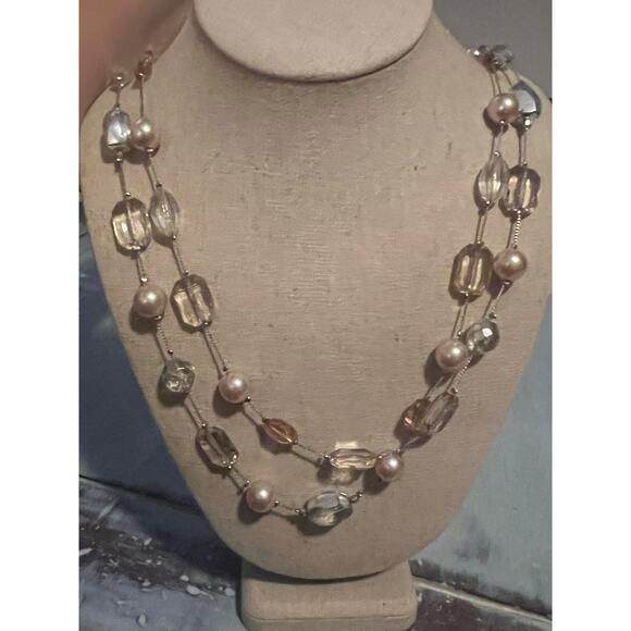 New York Long Double Strand Necklace Pink Faux Pearls Pink and Clear Faux Stones - Picture 1 of 8